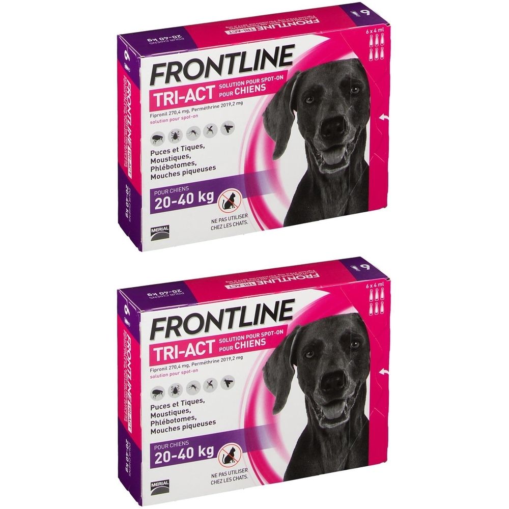 Deux boîtes de Frontline TRI-ACT pour chiens. Inscription : Puces et Tiques, Moustiques, Phlébotames, Mouches piqueuses. Pour chiens 20-40 kg.