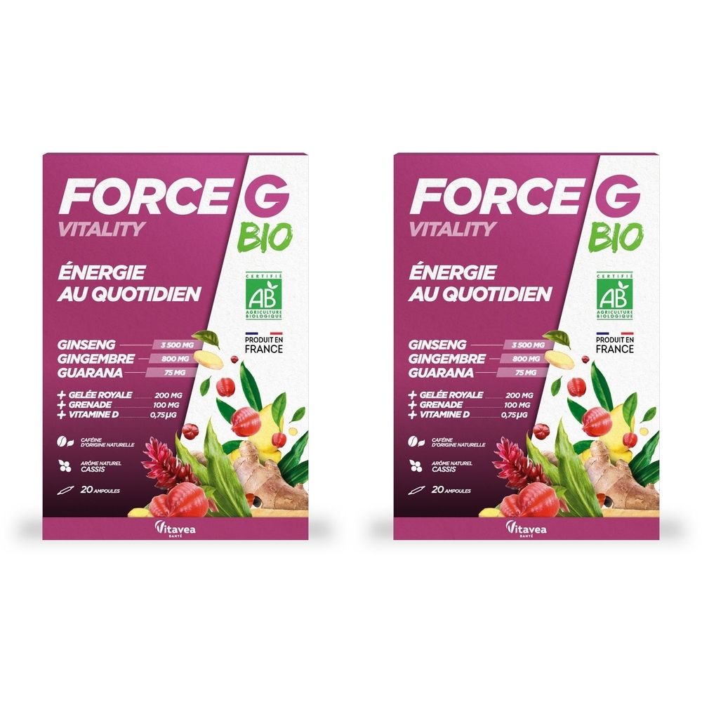 Deux boîtes FORCE G VITALITY BIO. Inscription: Énergie au quotidien. Contient ginseng, gingembre, guarana, gelée royale, grenade et vitamine D.