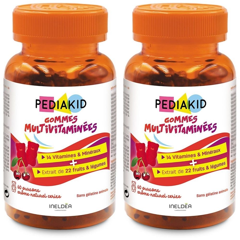 Deux flacons avec bouchons orange. Étiquette PEDIAKID Gommes Multivitaminées. Contient 14 vitamines & minéraux et extrait de fruits.