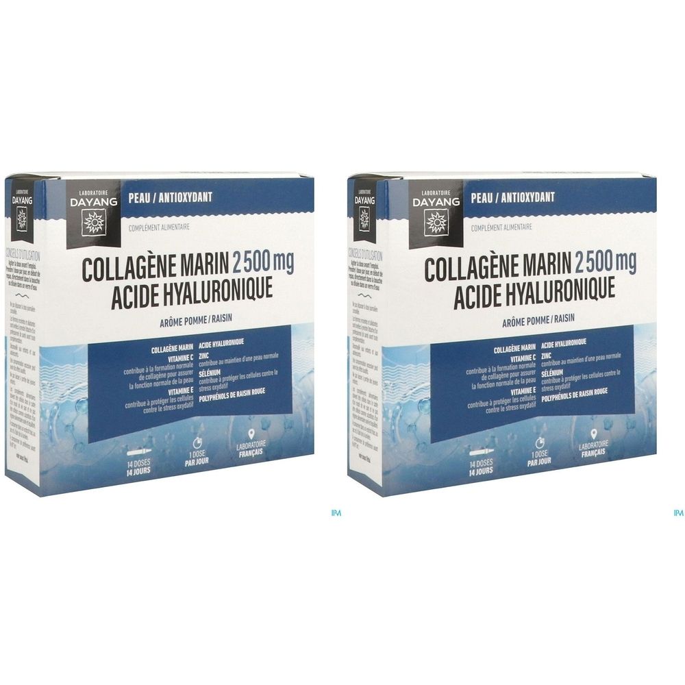 Deux boîtes de "COLLAGÈNE MARIN 2500 mg ACIDE HYALURONIQUE" et "DAYANG".