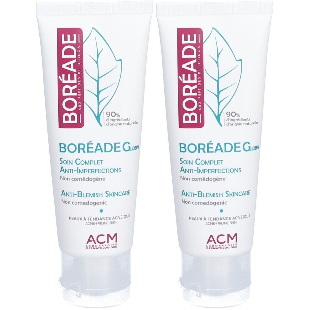 Deux tubes de BORÉADE Global Soin Complet anti-imperfections. Tubes blancs avec logos roses et verts et textes. Inscription: Anti-Blemish Skincare.