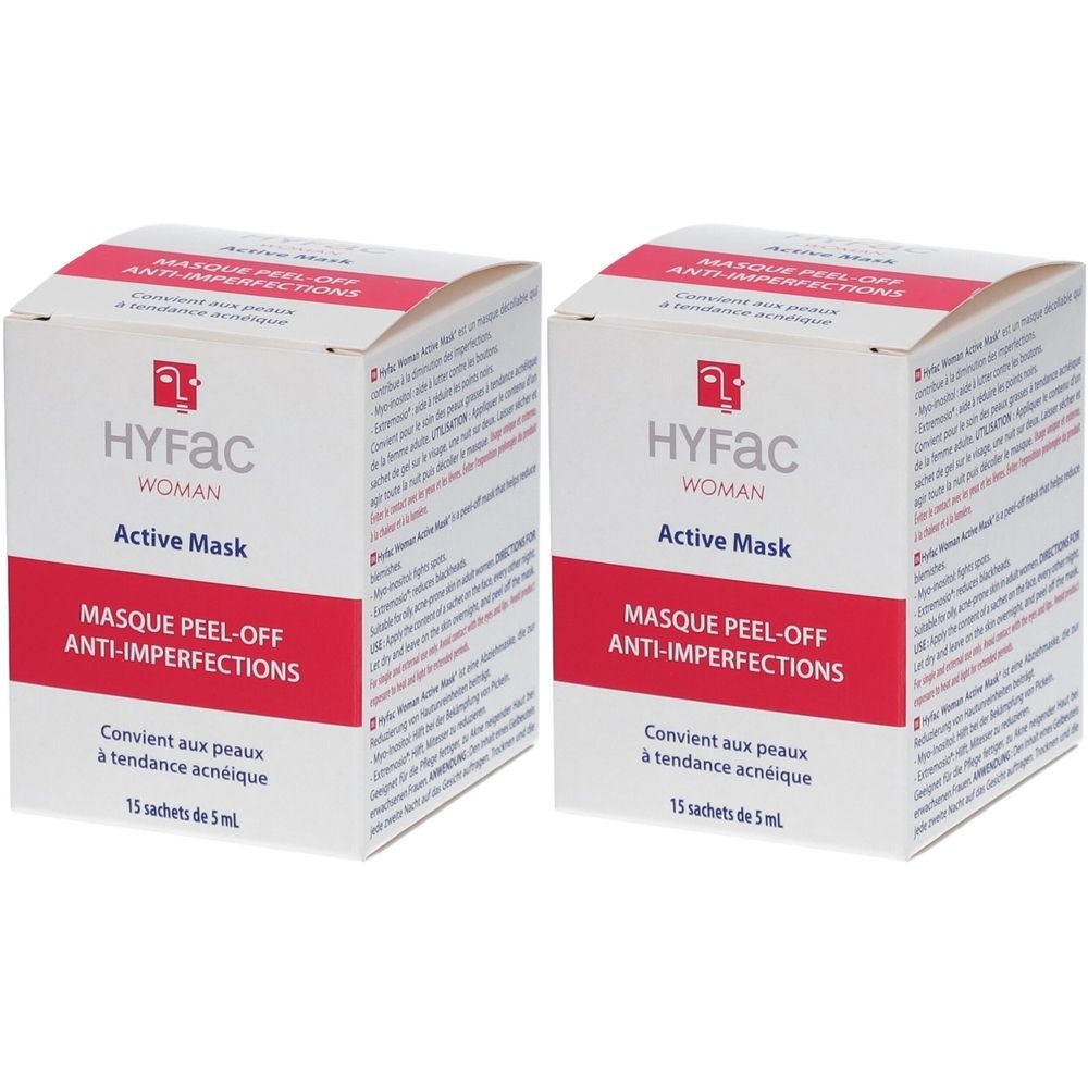 Deux boîtes blanches avec texte rouge. Inscription: HYFAC, WOMAN, Active Mask, MASQUE PEEL-OFF ANTI-IMPERFECTIONS. Convient aux peaux à tendance acnéique.