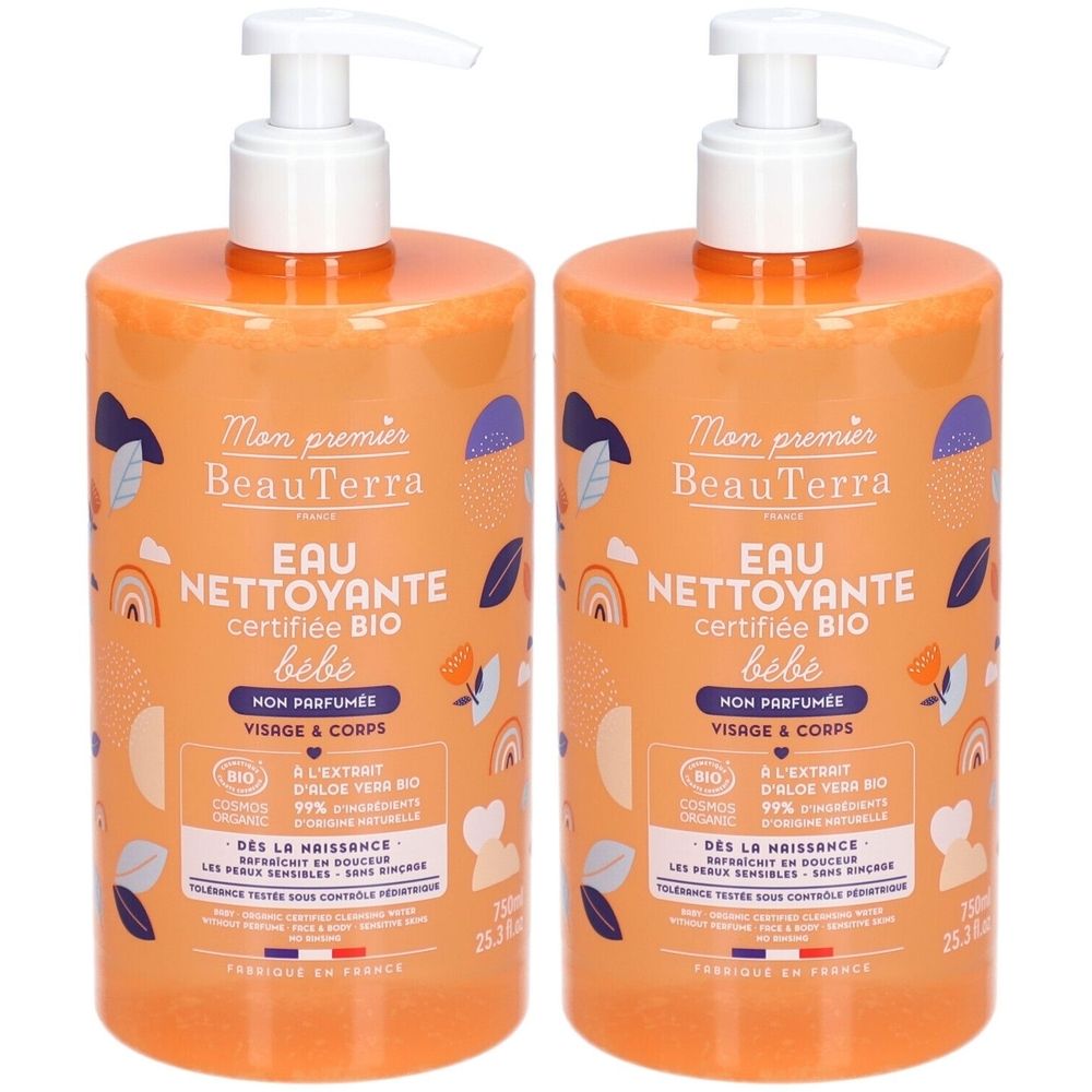 Deux flacons de liquide orange avec pompes blanches. Inscription: BeauTerra Eau Nettoyante Bio Bébé. Produit certifié bio.