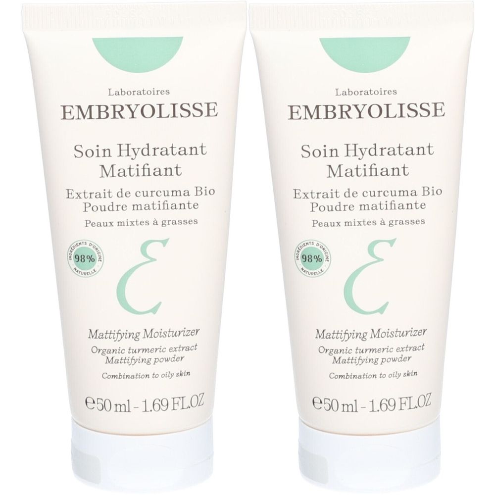 Deux tubes de Soin Hydratant Matifiant Embryolisse. Tubes blancs avec texte et logo verts. Contient 50 ml.