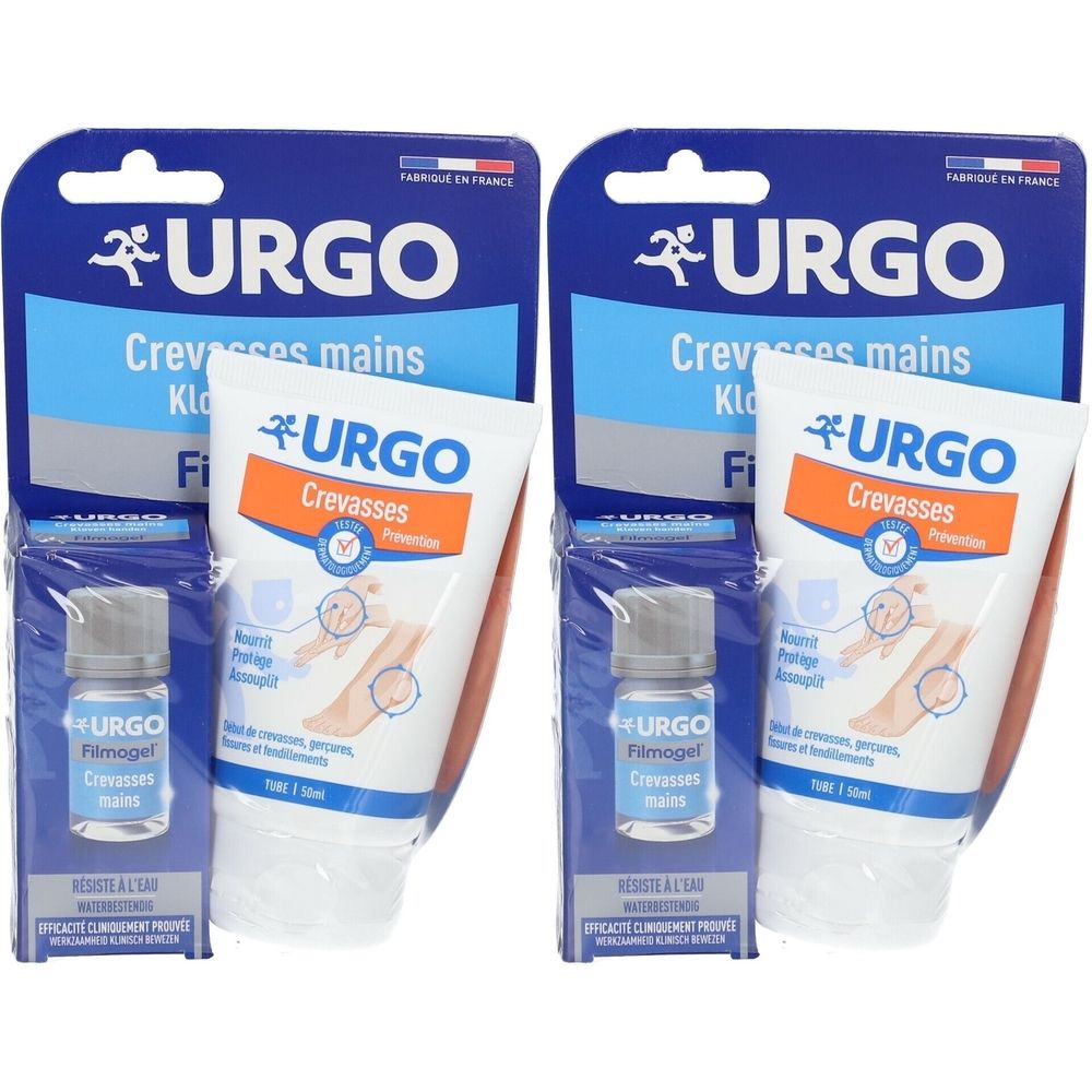 Deux packs URGO. Chaque pack contient un tube et un petit flacon. Emballage bleu et blanc. Marque et indications visibles.
