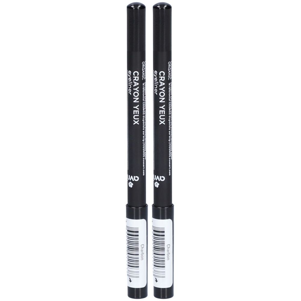 Deux crayons pour les yeux noirs. Inscription: Crayon Yeux, Organic Eyeliner. Avec code-barres et logo.