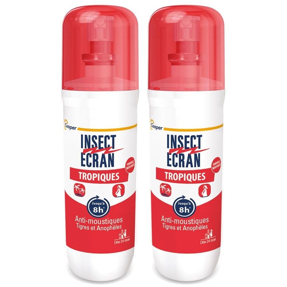 Deux flacons de spray blanc avec bouchon rouge. Inscription: INSECT ECRAN TROPIQUES, Anti-moustiques, protection 8h.