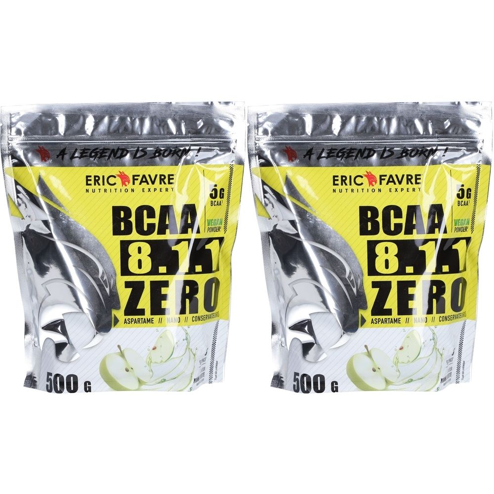 Deux sachets de BCAA 8.1.1 ZERO Vegan Pomme Verte. Emballage argenté avec étiquette jaune. Marque ERIC FAVRE. 500g.
