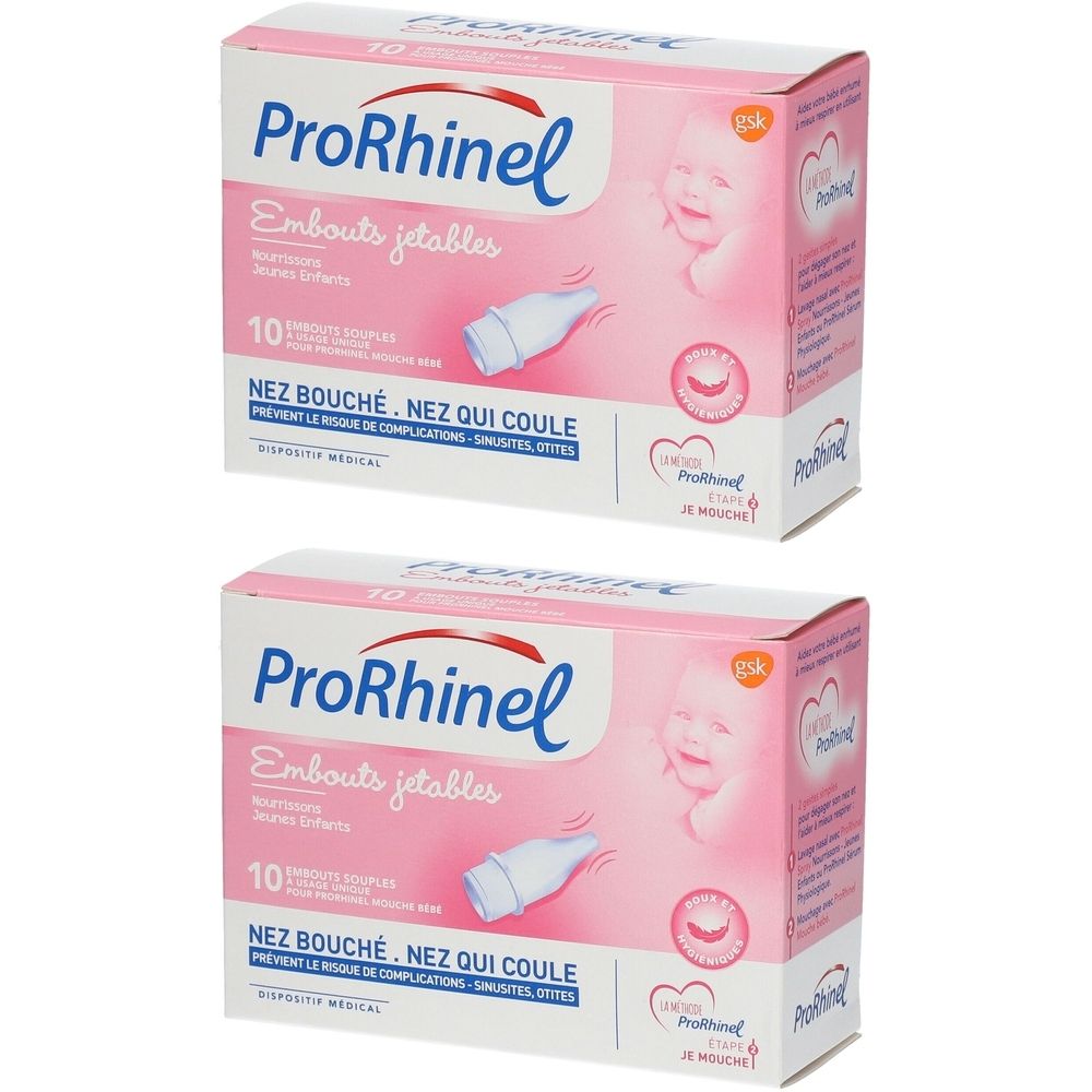 Deux boîtes roses "ProRhinel" avec texte et illustration du produit. Inscription "Embouts jetables".