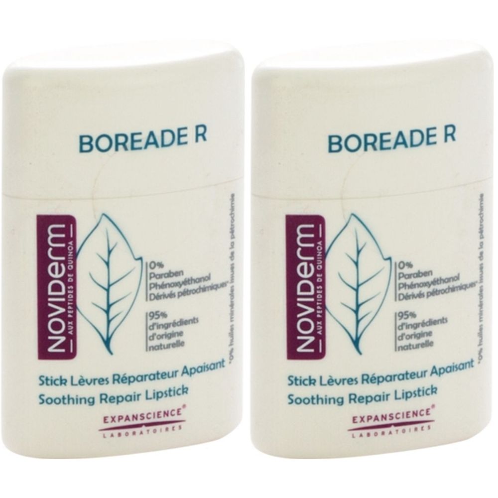 Deux sticks à lèvres blancs. Inscriptions : Noviderm, Boréade R, Stick Lèvres Réparateur Apaisant. Logo de feuille et informations sur les ingrédients.