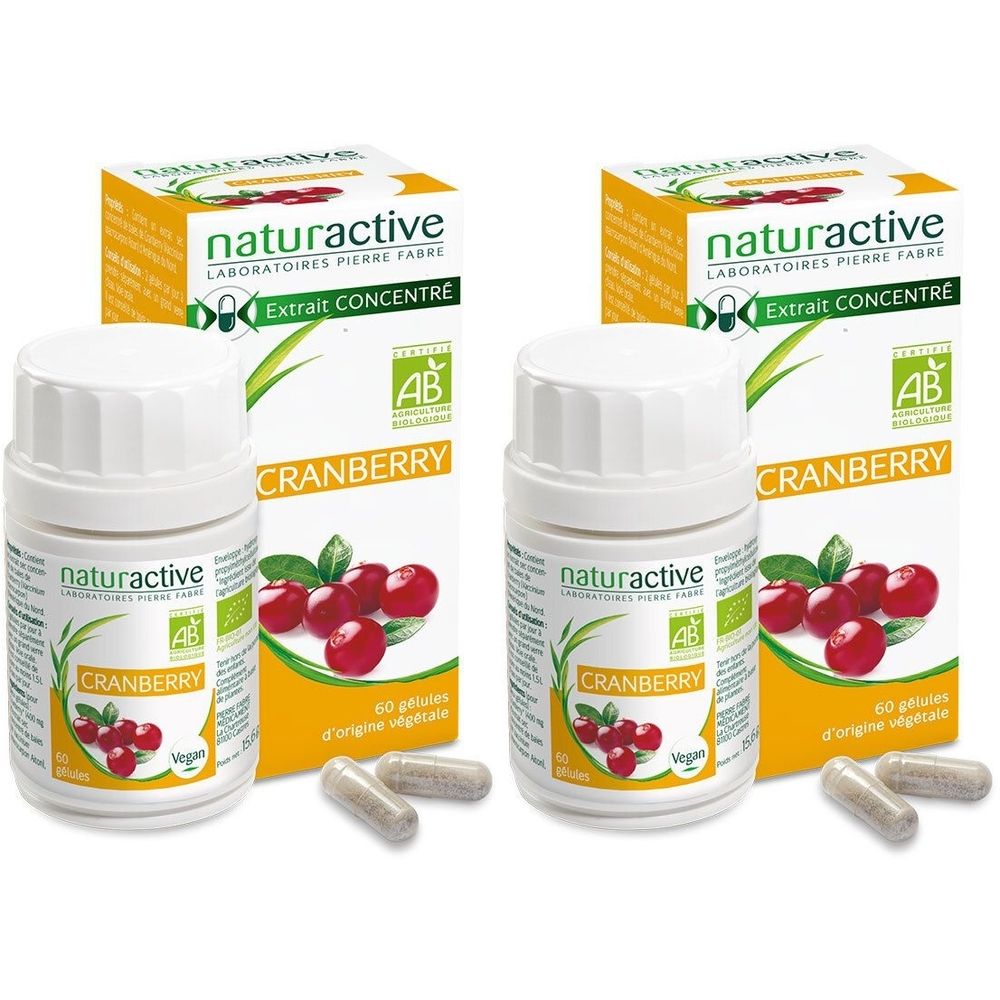 Deux boîtes et flacons de Naturactive Cranberry BIO. Inscription Cranberry, label AB, 60 gélules.