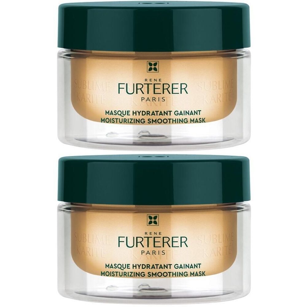 Deux pots avec couvercles verts. Inscription: FURTERER PARIS, MASQUE HYDRATANT GAINANT, MOISTURIZING SMOOTHING MASK.