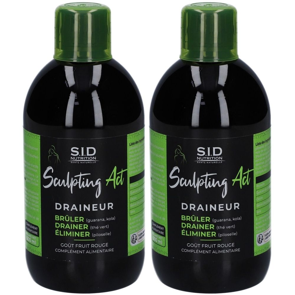 Deux bouteilles avec bouchons verts. L'étiquette indique "S.I.D Nutrition Sculpting Act Draineur".