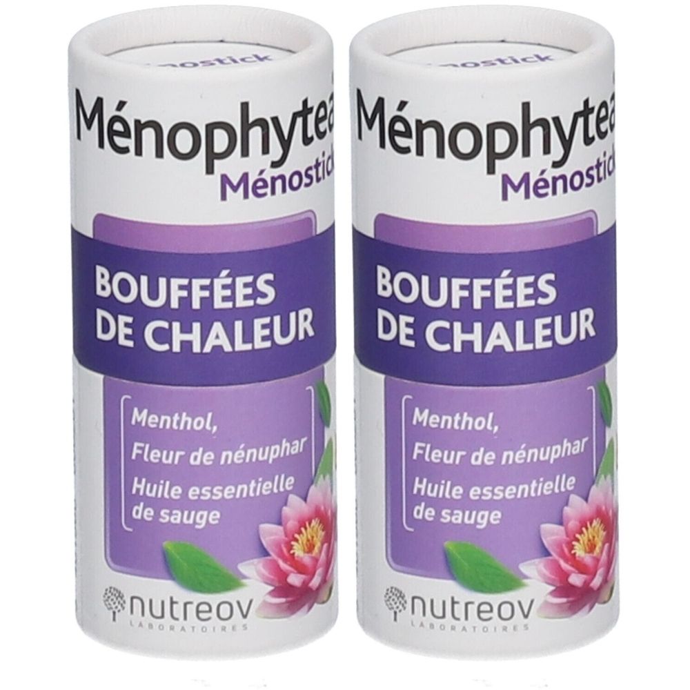 Deux tubes cylindriques. Inscription: Ménophytea Ménostick, BOUFFÉES DE CHALEUR. Contient menthol, fleur de nénuphar, huile essentielle de sauge. Marque Nutreov.