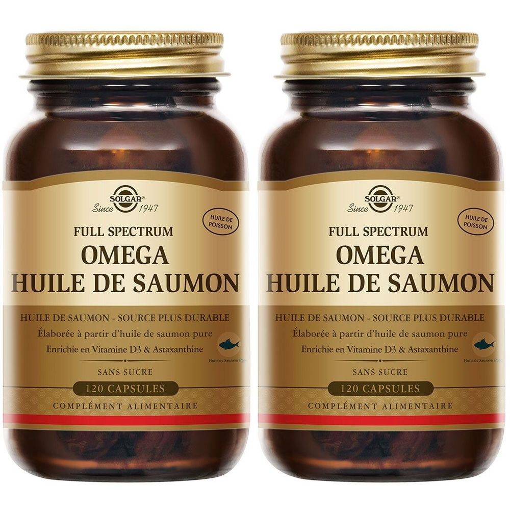 Deux flacons en verre brun avec des couvercles dorés. Les étiquettes indiquent "Solgar Full Spectrum Omega Huile de Saumon". Chaque flacon contient 120 gélules.