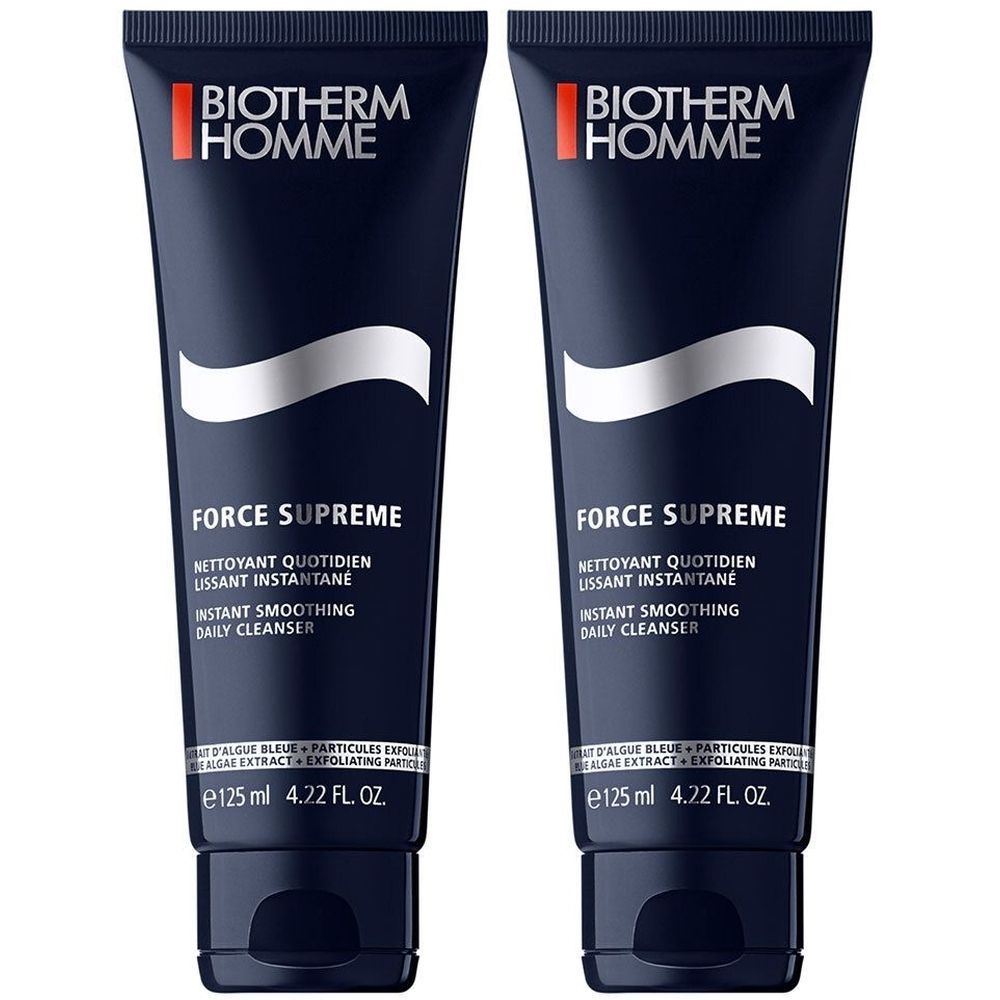 Deux tubes de Biotherm Homme Force Supreme. Tubes bleus avec texte blanc. Contient 125 ml. Inscription : Nettoyant Quotidien, Instant Smoothing Daily Cleanser.