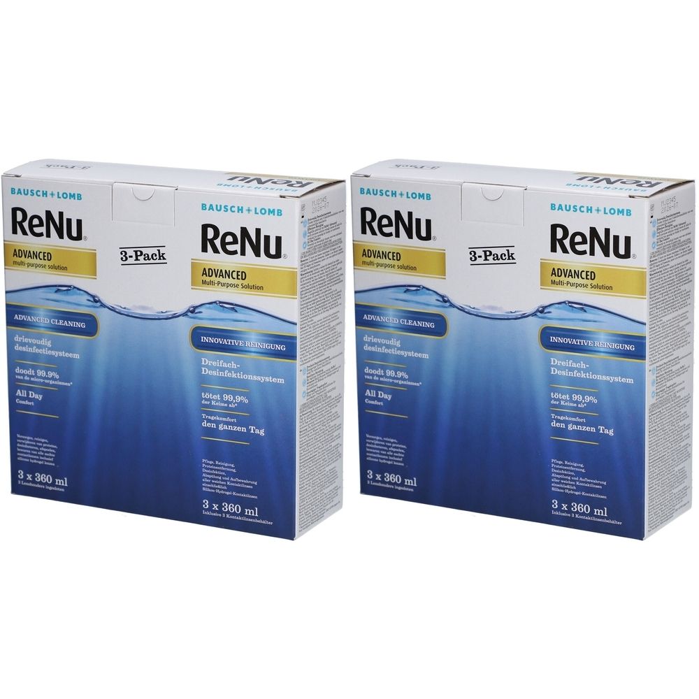 Deux boîtes ReNu Advanced 3-Pack. Emballage bleu et blanc avec informations produit et logo.