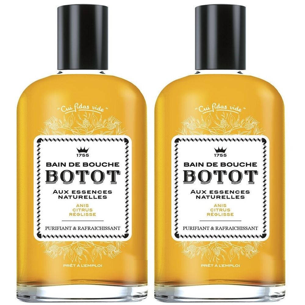Deux flacons de Bain de Bouche BOTOT. Inscription : Anis, Citrus, Réglisse. Bouchon noir, liquide ambré.