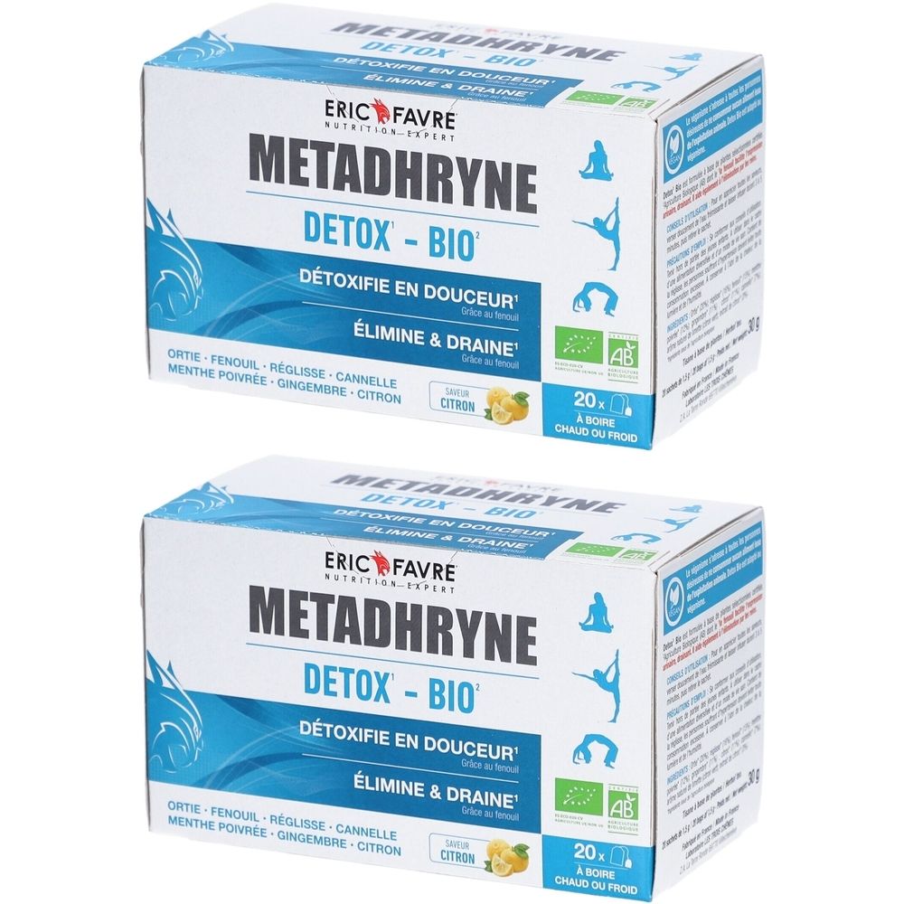 Deux boîtes de METADHRYNE DETOX-BIO. Inscription: ERIC FAVRE, DETOXIFIE EN DOUCEUR, ÉLIMINE & DRAINE. Avec label bio et 20 sachets.