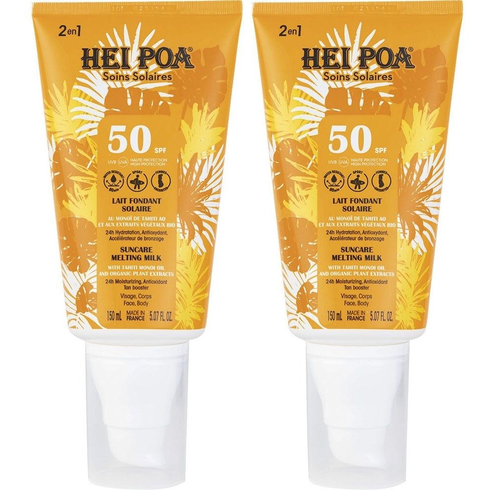 Deux tubes de lait solaire. Inscription: HEI POA, Soins Solaires, SPF 50. Texte: Lait Fondant Solaire, Suncare Melting Milk. Bouchon blanc.
