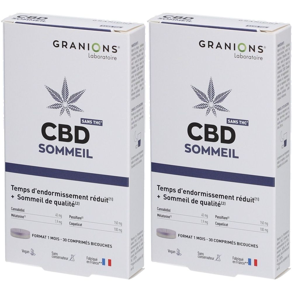 Deux boîtes blanches "GRANIONS CBD SOMMEIL". Contient 30 comprimés. Mention "Sans THC". Fabriqué en France. Logo feuille de cannabis.