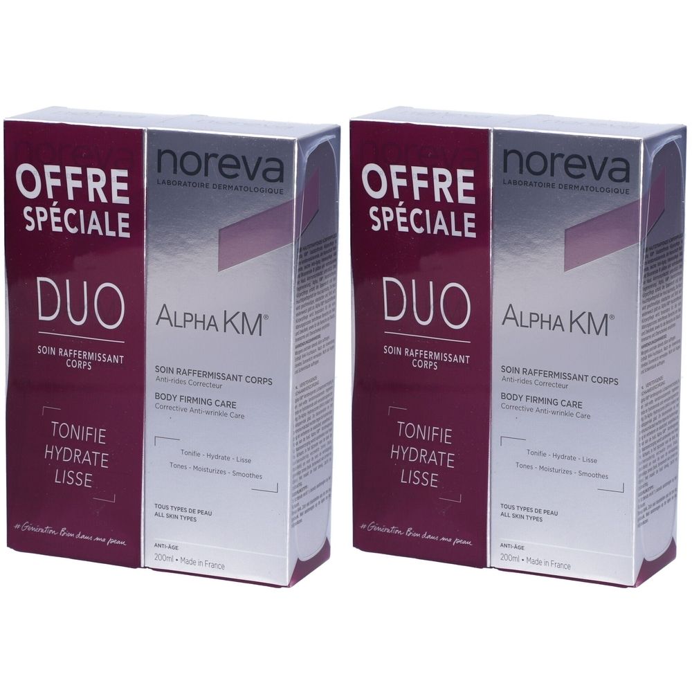 Deux boîtes Noreva Alpha KM Duo. Inscription : Offre Spéciale, Duo, Soin Raffermissant Corps, Alpha KM. Emballage blanc et bordeaux.