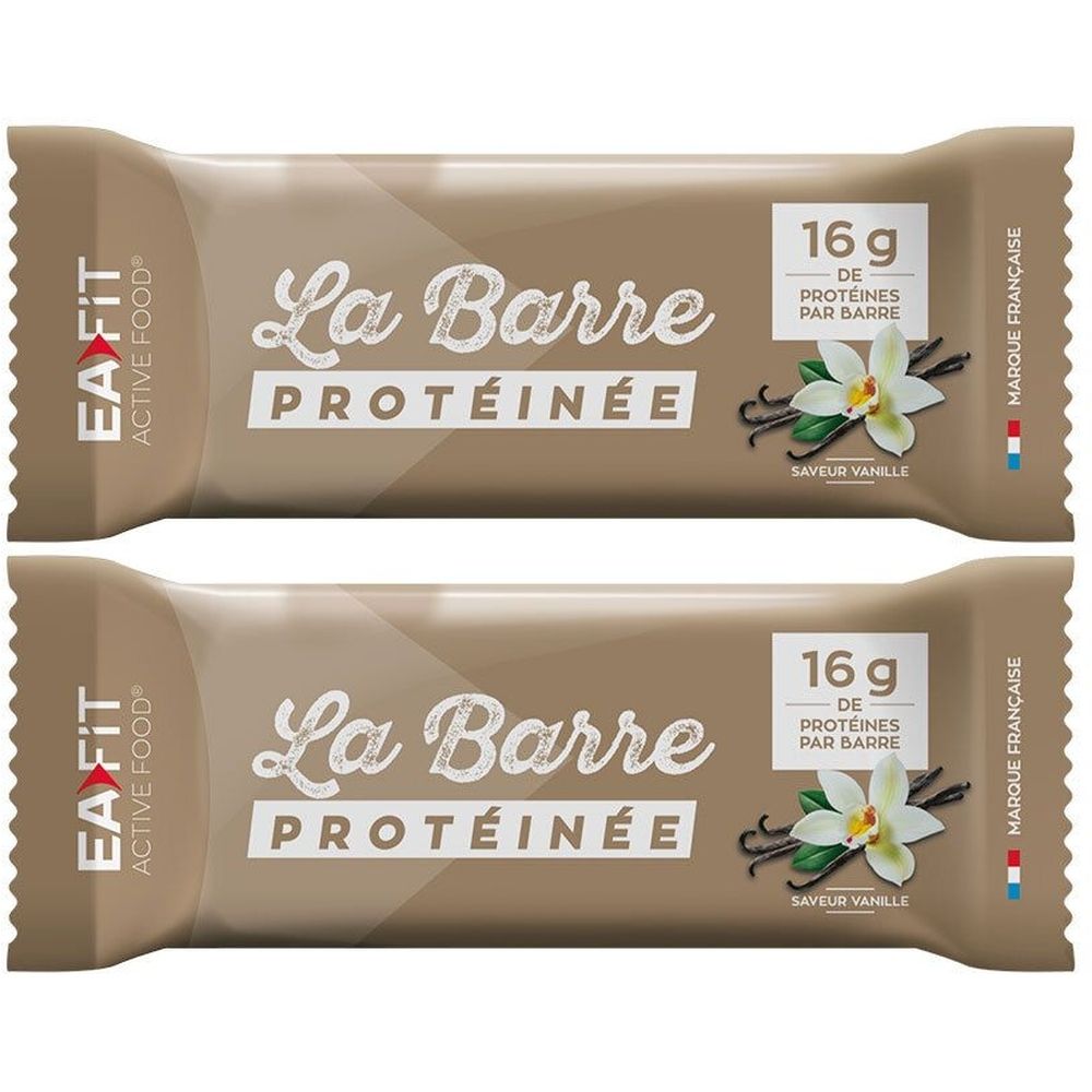 Deux barres protéinées emballées. Inscription: La Barre Protéinée, 16g protéines, saveur vanille. Marque EA-FIT.