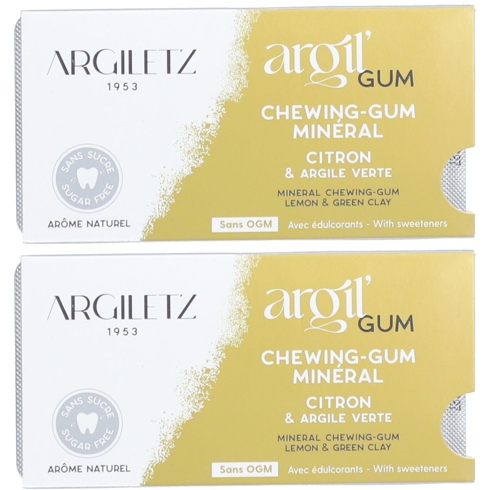 Deux paquets de chewing-gums Argiletz. Inscription : Chewing-Gum Mineral, Citron & Argile Verte, Sans Sucre, Aromé Naturel.