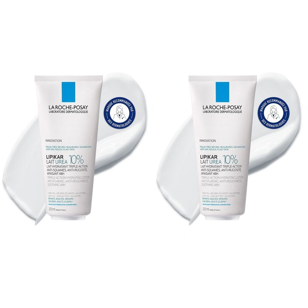 Deux tubes de LA ROCHE-POSAY Lipikar Lait Urée 10%. Tubes blancs, bouchon bleu, logo. Nom du produit et texte.