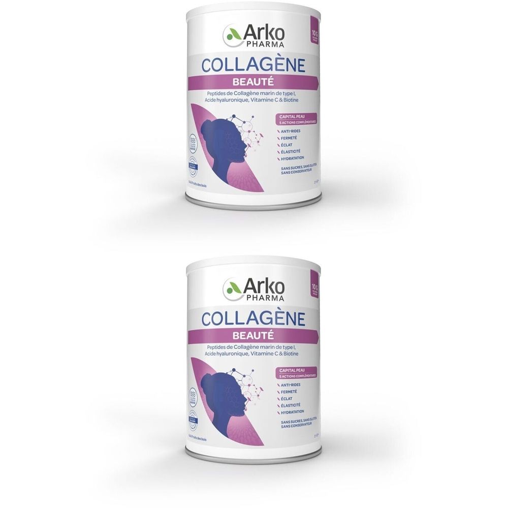 Deux boîtes de "COLLAGÈNE BEAUTÉ" avec le logo "Arko Pharma". Graphique rose et bleu d'un profil féminin.