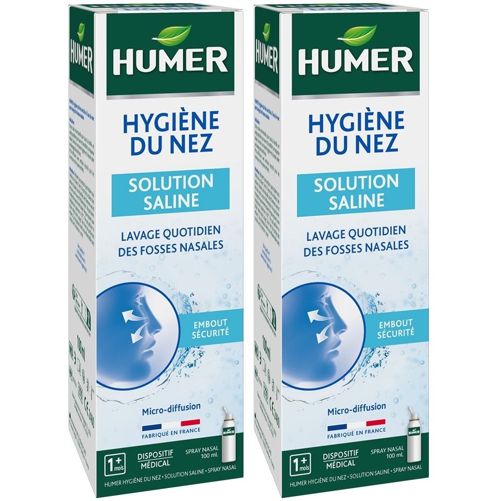 Deux boîtes de spray nasal. Inscription : HUMER, Hygiène du Nez, Solution Saline. Avec embout de sécurité et dispositif médical.
