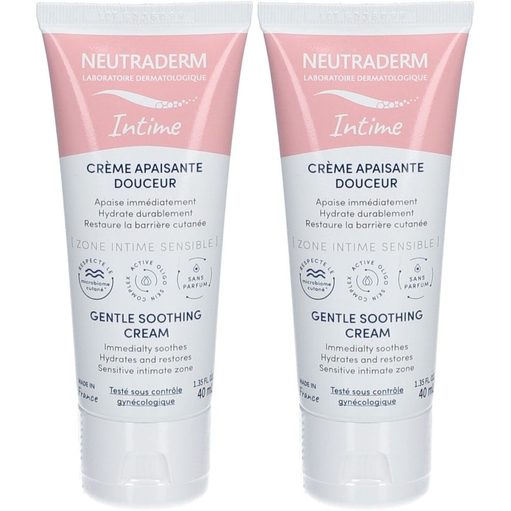 Deux tubes de crème intime. Tubes blancs avec accents roses et texte. Inscription : NEUTRADERM, Intime, Crème Apaisante Douceur.
