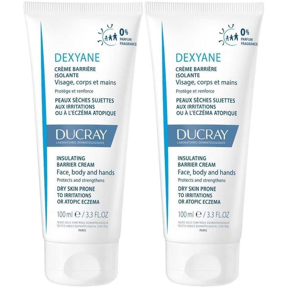 Deux tubes blancs de DUCRAY DEXYANE CRÈME BARRIÈRE ISOLANTE. Texte en français et en anglais. 0% Parfum.