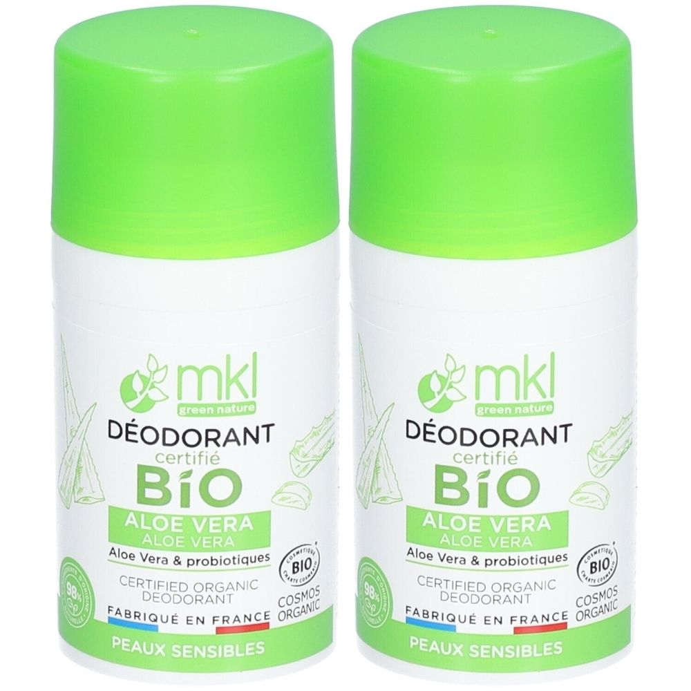 Deux déodorants avec bouchons verts. Inscriptions: mkl, DÉODORANT certifié BIO, ALOE VERA, Aloe Vera & probiotiques, Peaux sensibles.