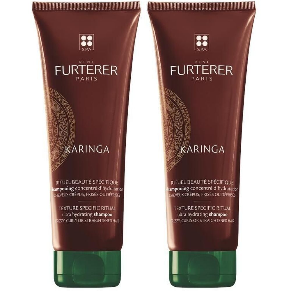 Deux tubes de shampooing marron. Inscription : René Furterer Paris, KARINGA, Rituel pour cheveux secs.