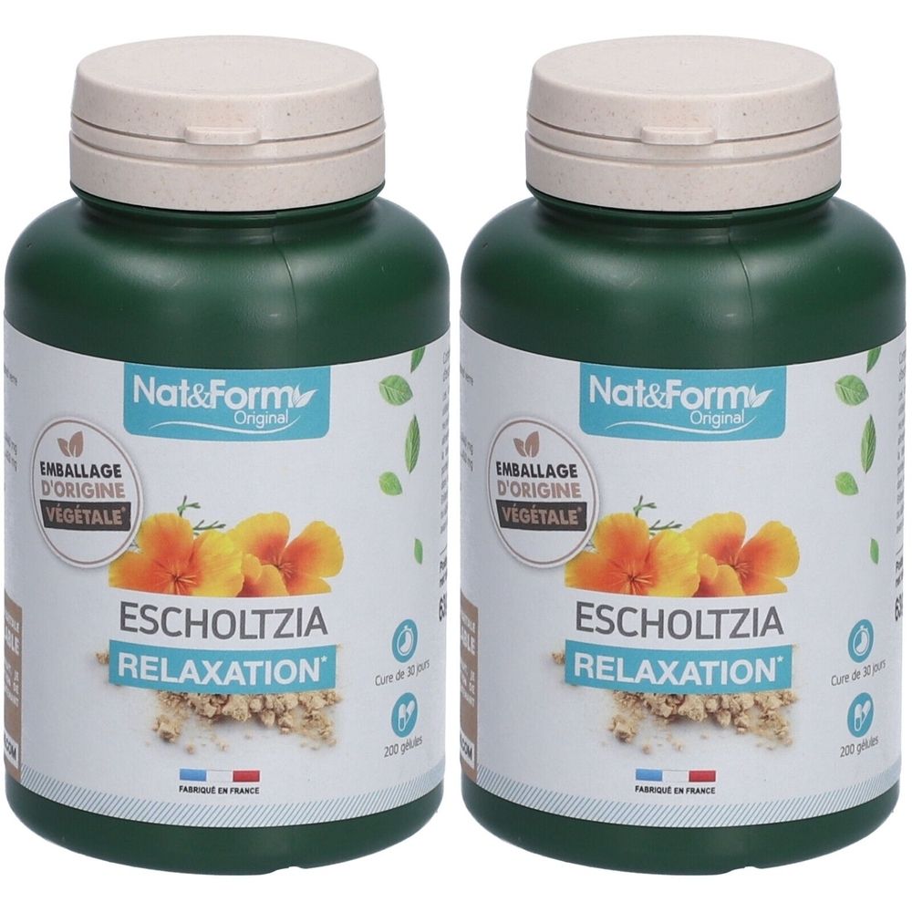 Deux flacons verts avec couvercles beiges. Inscription : Eschscholtzia Relaxation, Nat&Form. Emballage d'origine végétale.