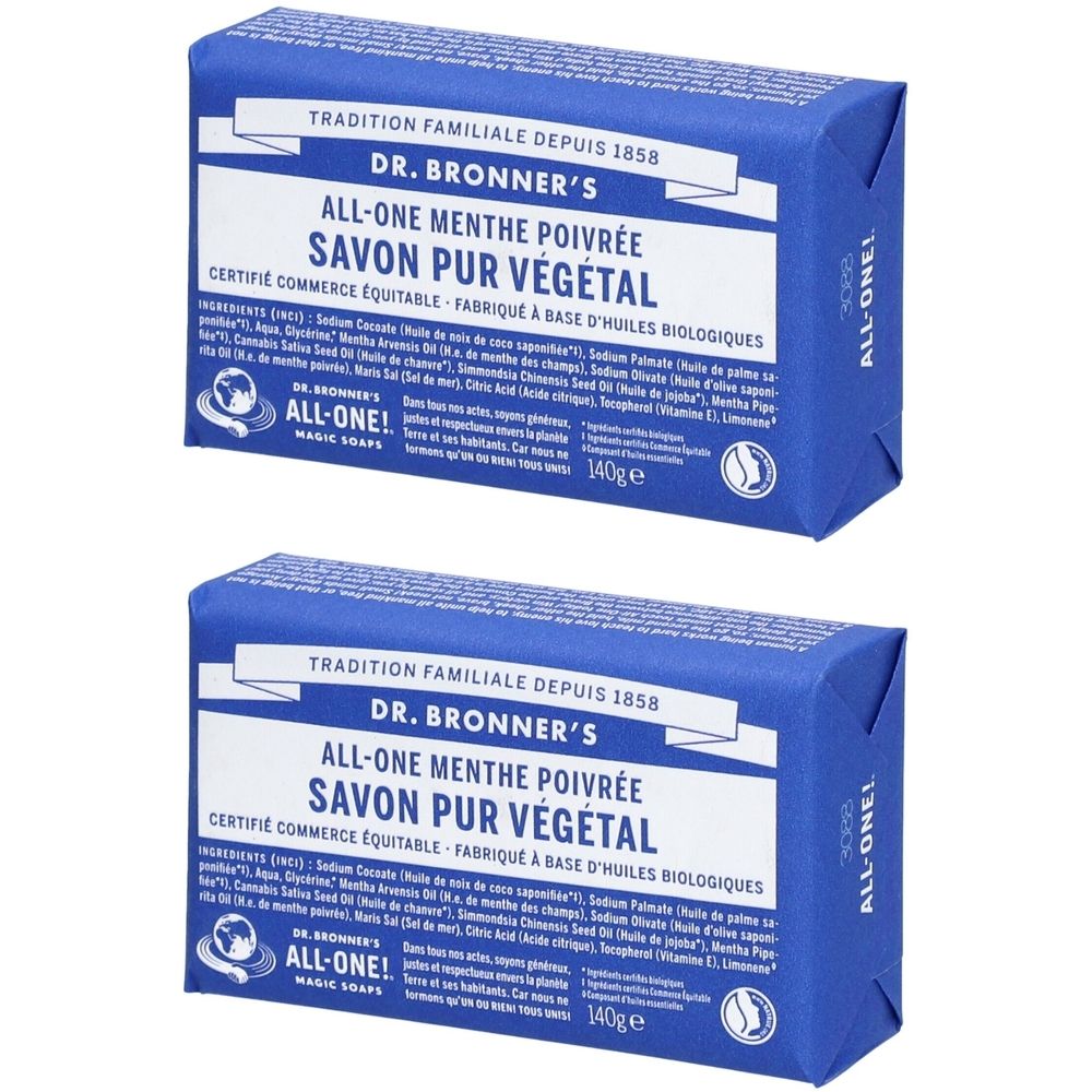 Deux savons rectangulaires emballés en bleu. Inscription: DR. BRONNER'S, ALL-ONE, Menthe Poivrée, Savon Pur Végétal.