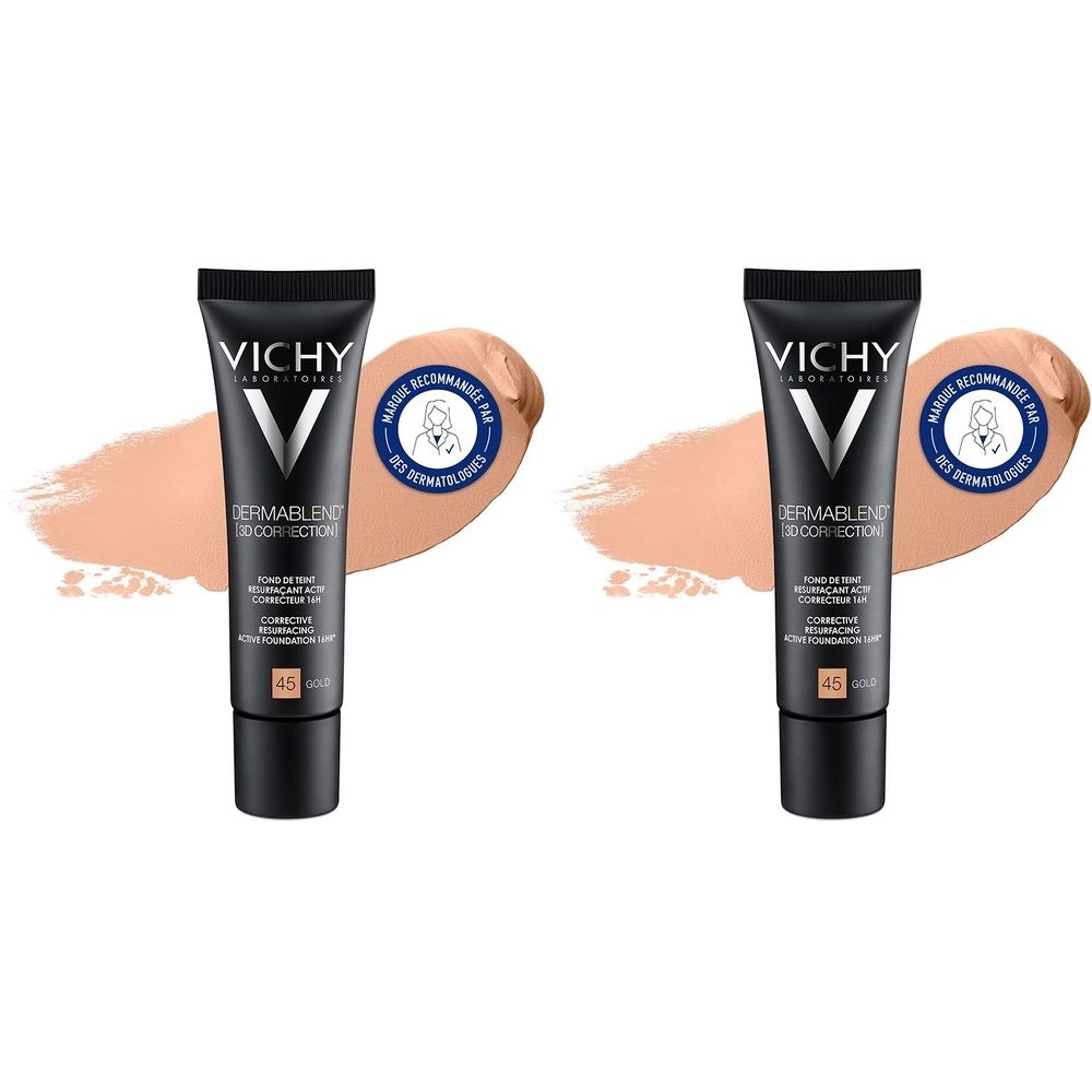 Deux tubes de fond de teint noir avec inscriptions. Échantillons de couleur à côté. Inscriptions: Vichy, Dermablend, 45 GOLD.