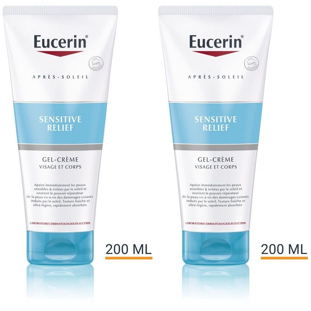 Deux tubes de gel-crème Eucerin Après-Soleil Sensitive Relief. Tubes blancs avec bande bleue et texte. 200 ml.