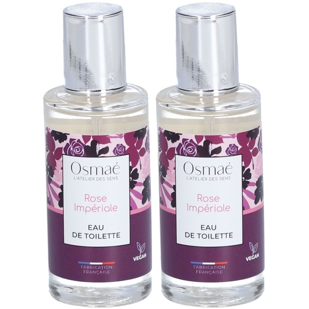 Deux flacons d'Eau de Toilette. Inscription: Osmaé, Rose Impériale, Eau de Toilette. Décor floral. Vaporisateur argenté. Vegan.