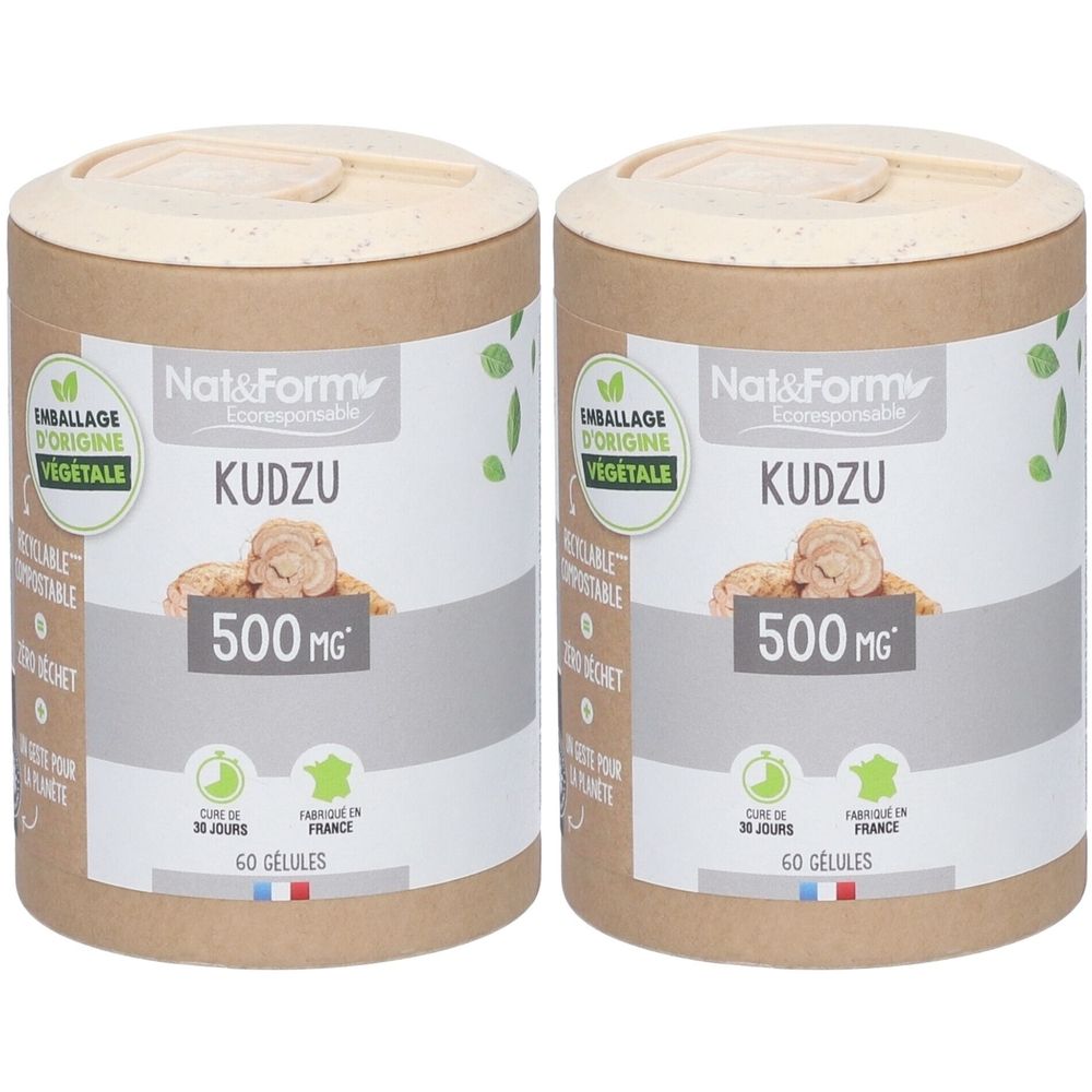 Deux boîtes cylindriques "KUDZU 500 MG". Mention "Fabriqué en France". Emballage d'origine végétale. Contient 60 gélules.