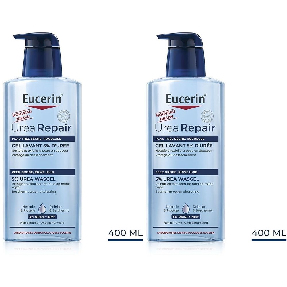 Deux flacons de gel lavant Eucerin UreaRepair. Flacons bleus avec pompe noire. Texte: Urea Repair, 5% Urée, 400 ml.