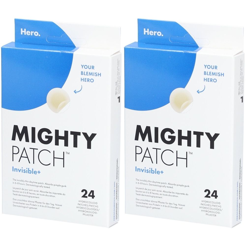 Deux boîtes de Mighty Patch Invisible+. Chaque boîte contient 24 patchs. Sur chaque boîte, on peut lire "Hero" et "YOUR BLEMISH HERO".