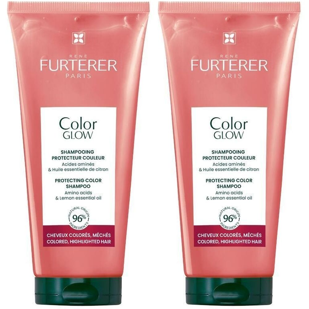 Deux tubes de shampooing roses. Étiquette blanche. Texte: Color Glow, Protecting Color Shampoo. Marque: René Furterer.