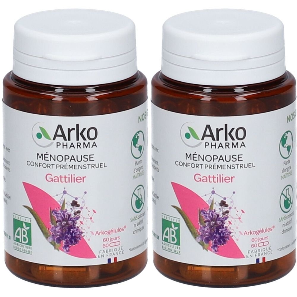 Deux flacons d'Arkopharma Arkogélules BIO Gattilier. Flacons bruns avec bouchons blancs et étiquettes avec informations produit.