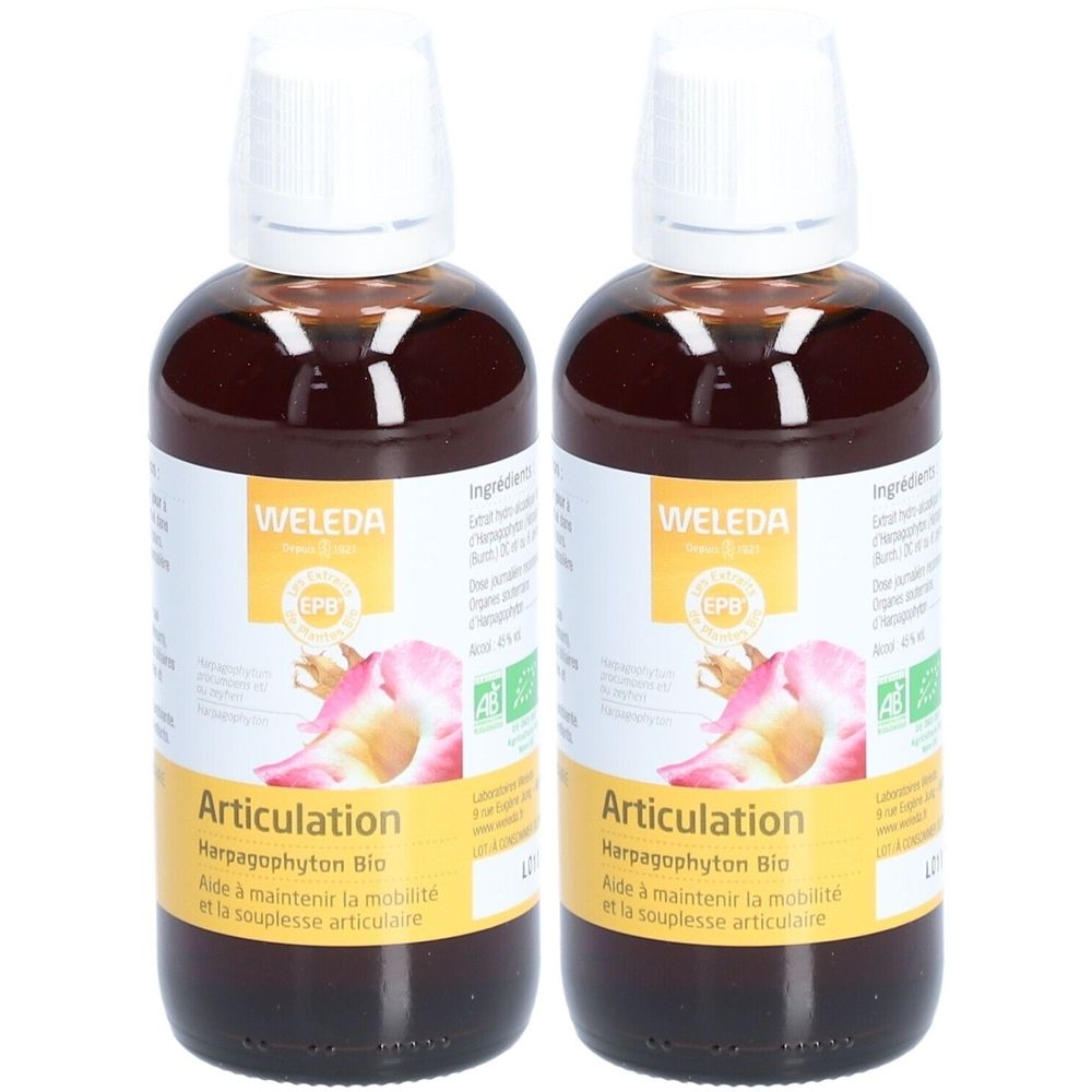Deux flacons de liquide brun. Étiquettes avec "WELEDA" et "Articulation Harpagophyton Bio".