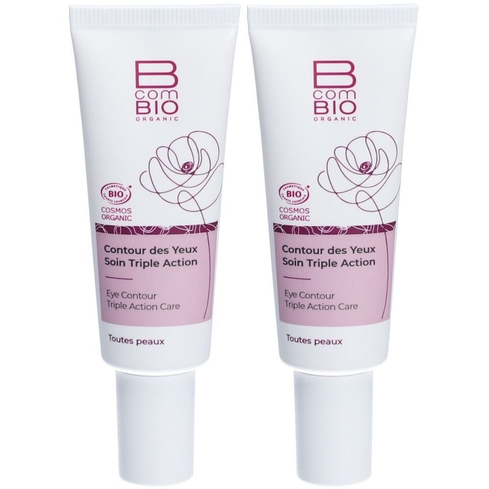 Deux tubes de soin contour des yeux. Blancs, avec texte et logo violets. Inscription: B.Com Bio, Contour des Yeux, Soin Triple Action.