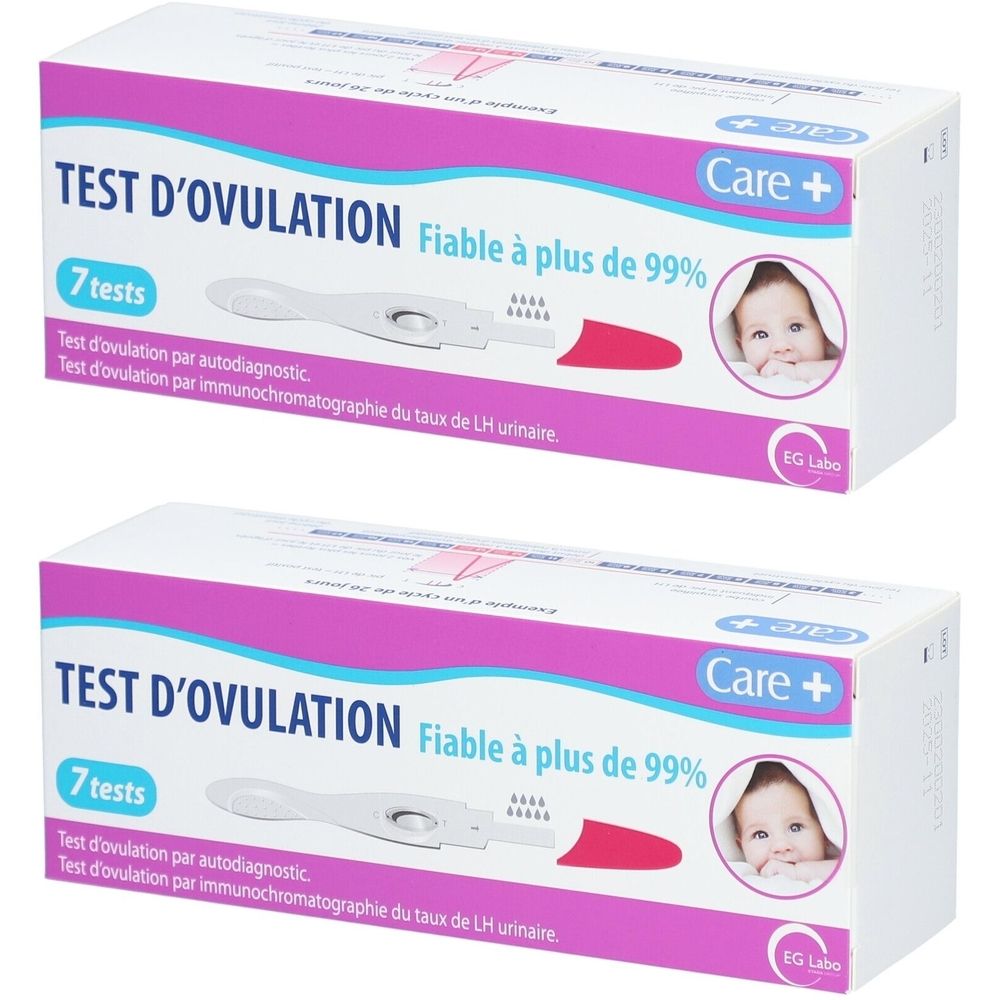 Deux boîtes de tests d'ovulation CARE+. Inscription : TEST D'OVULATION, 7 tests, Fiable à plus de 99%. Image d'un bébé.
