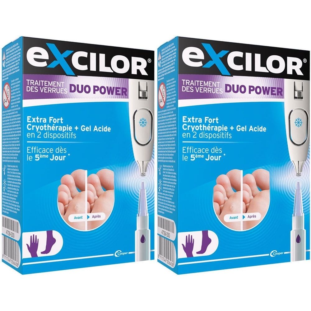 Deux boîtes Excilor Duo Power. Emballage bleu avec nom et description du produit. Illustration d'un pied avant et après traitement.