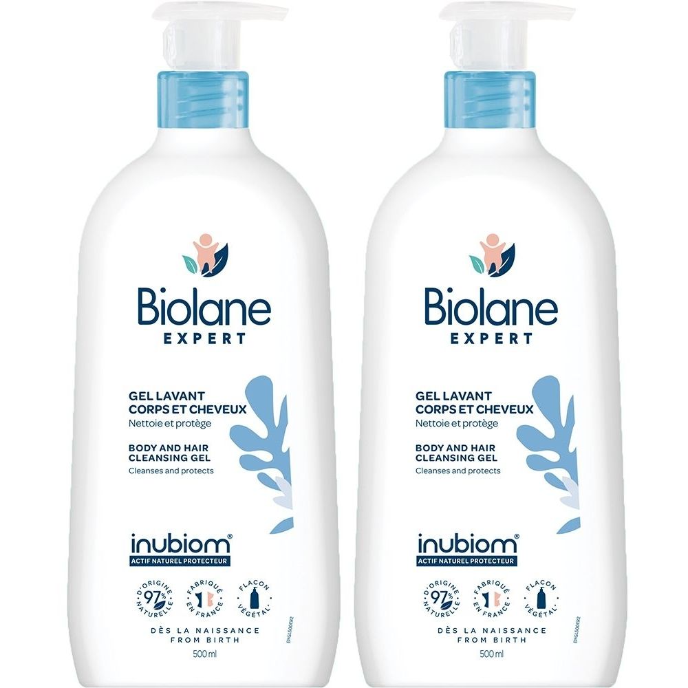 Deux flacons blancs avec pompe. Inscription : Biolane Expert, Gel Corps et Cheveux, Body and Hair Cleansing Gel. Accents bleus sur les flacons.